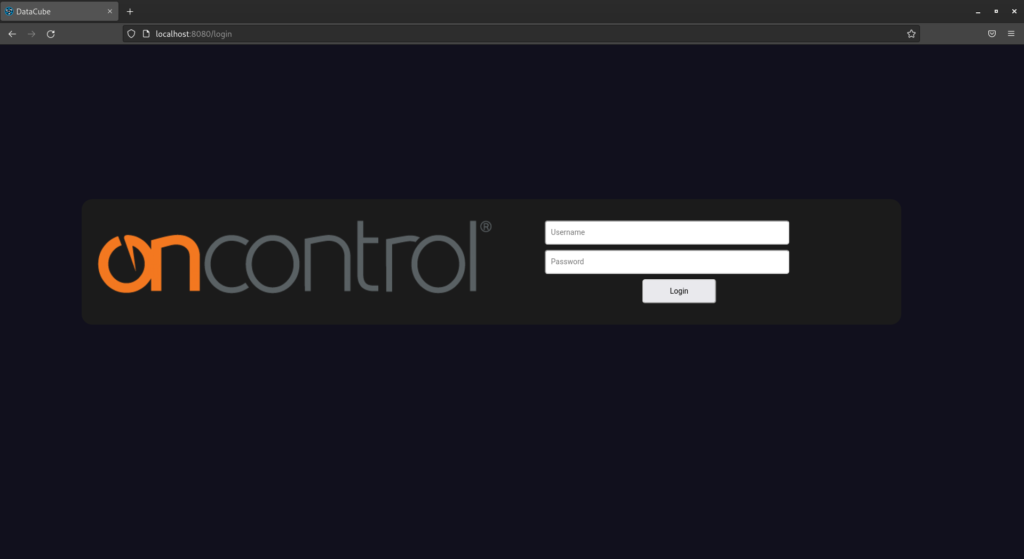 The image shows a browser window displaying Oncontrol's databridge web login page. The page has a black  background. On the left, there is Oncontrol's logo, on the right there are two input fields (username and password) and a "login" push button.